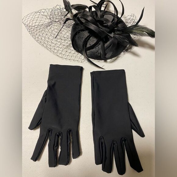 Black Feather Fascinator Hat With Veil & Necklace & Gloves  Weissman dance Black Birdcage Veil Fascinator clip hair accessory dance gloves